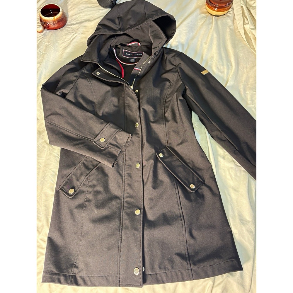 Tommy Hilfiger Women's Hooded Mid-Length Water-Resistant Zip/Button L Black